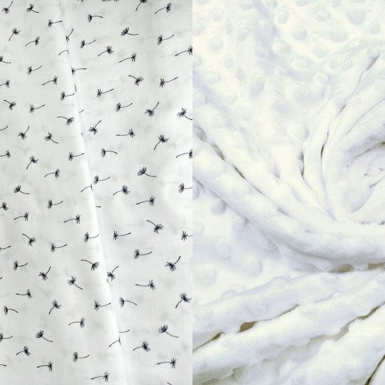 Minky  flīsa + kokvilnas/balts + pūciņas/75*100 cm