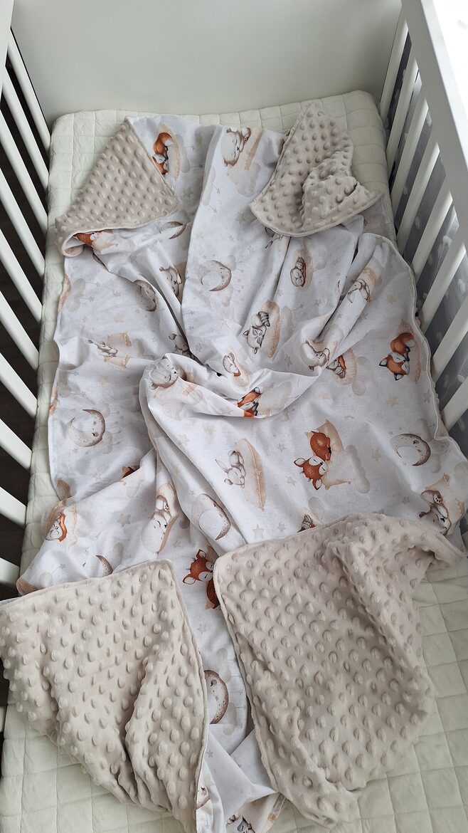 Minky  flīsa un kokvilnas sedziņa/75*100 cm/bēšs + miega zoo