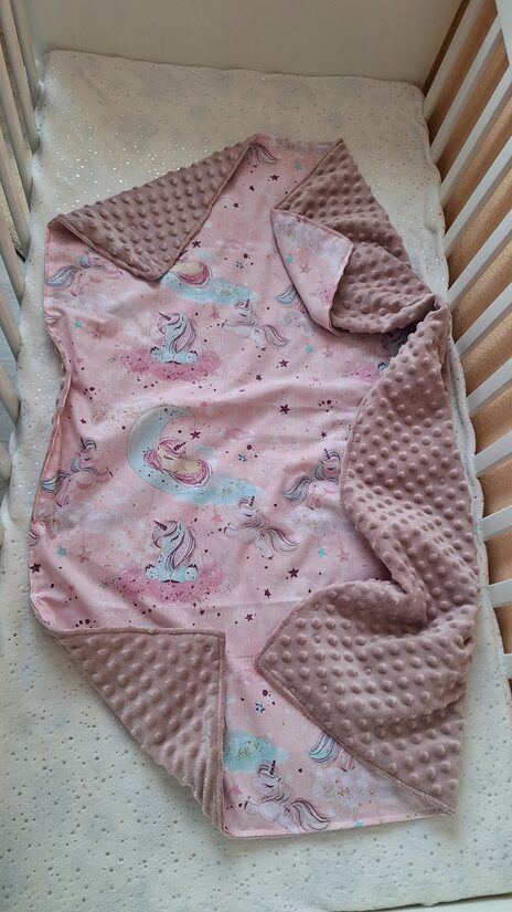 Minky + kokvilna/rozā +vienradži/75*100 cm