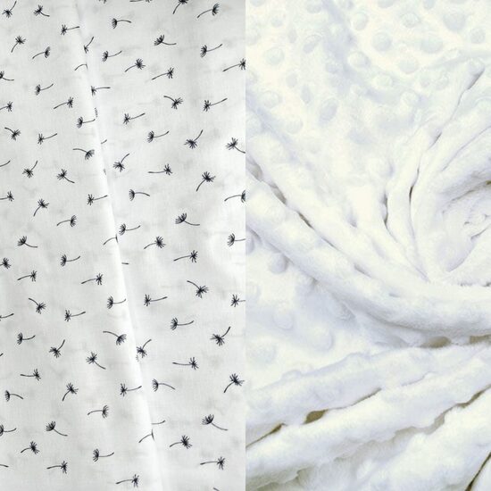 Minky  flīsa + kokvilnas/balts + pūciņas/75*100 cm